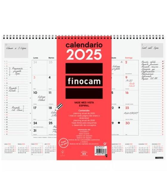 Finocam vade calendario espiral 420x310mm mes vista neutro 2025