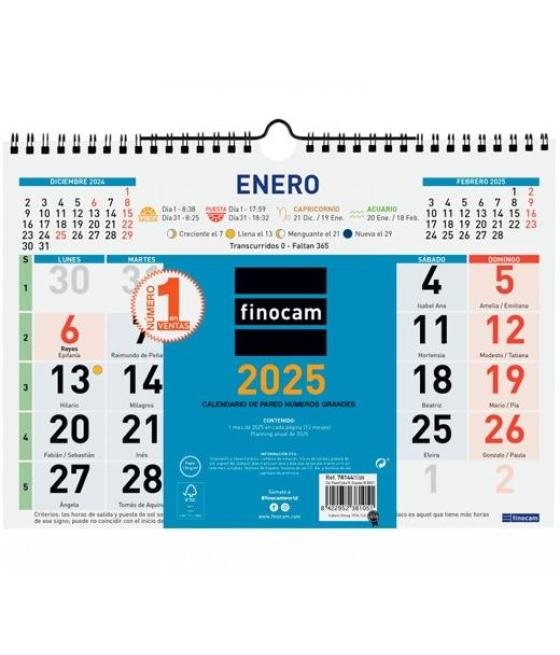 Finocam calendario de pared números grandes 300x210mm color 2025