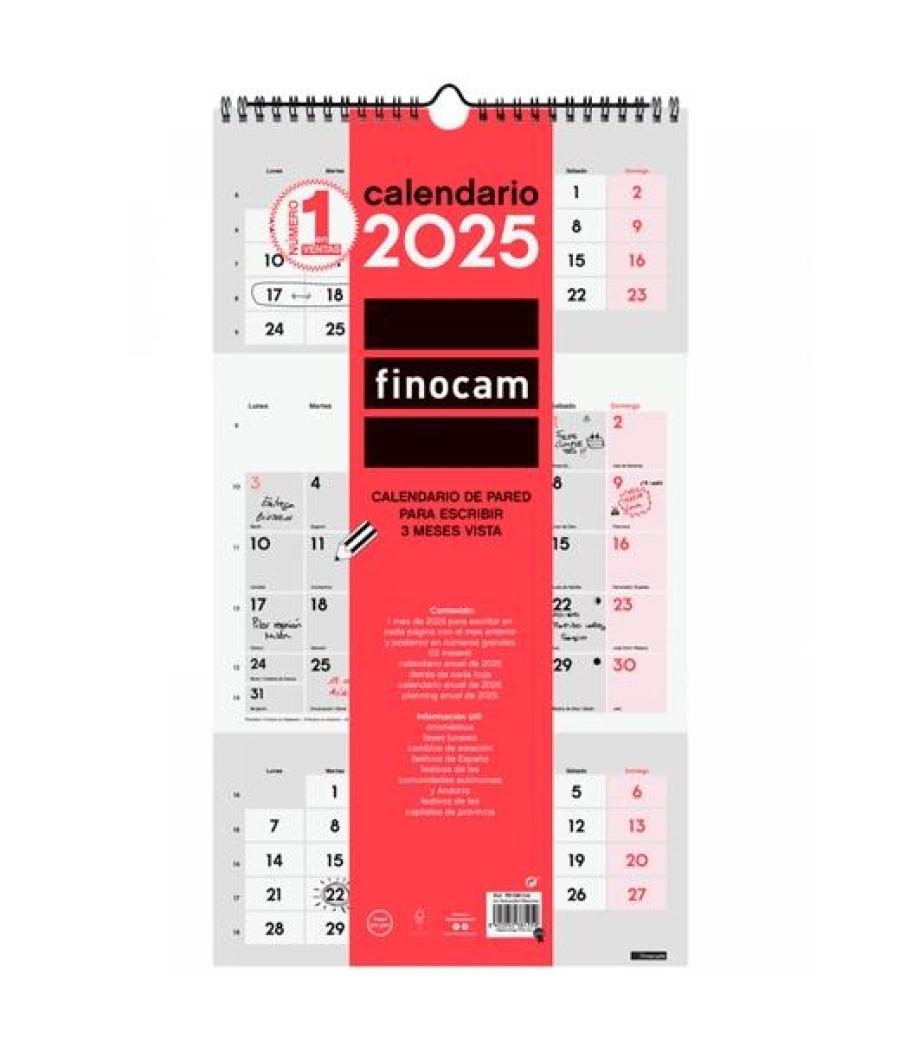 Finocam calendario de pared para escribir 3 meses vista m-236x430mm neutro 2025