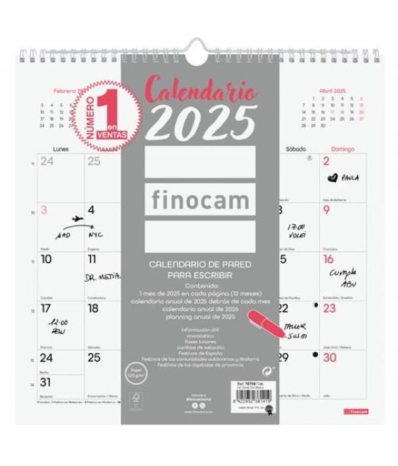 Finocam calendario de pared para escribir 300x300mm chic blanco 2025