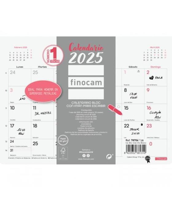 Finocam calendario bloc con imán para escribir s-210x150mm chic blanco 2025