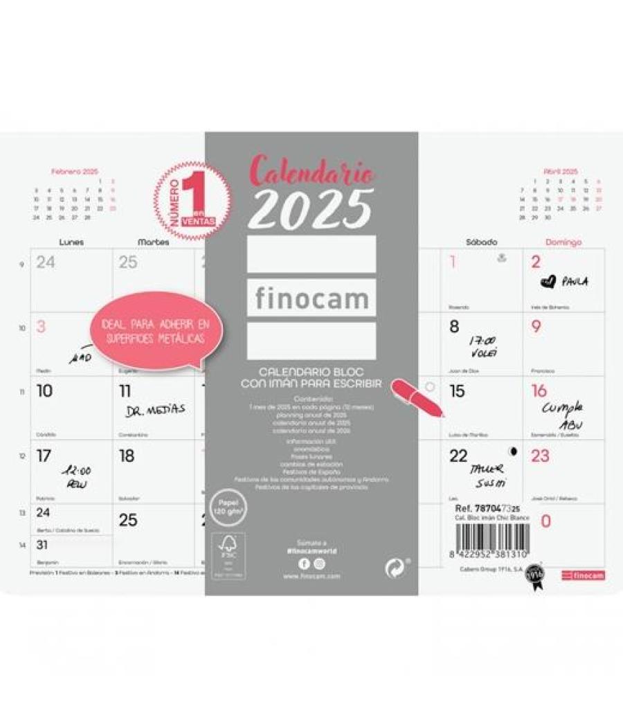 Finocam calendario bloc con imán para escribir s-210x150mm chic blanco 2025