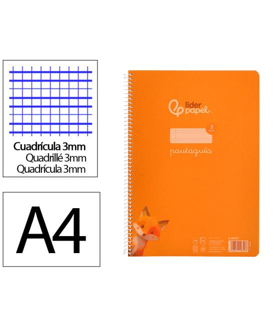 Cuaderno espiral liderpapel din a4 pautaguia tapa plástico80h 90gr cuadro pautado 3mm con margen color naranja