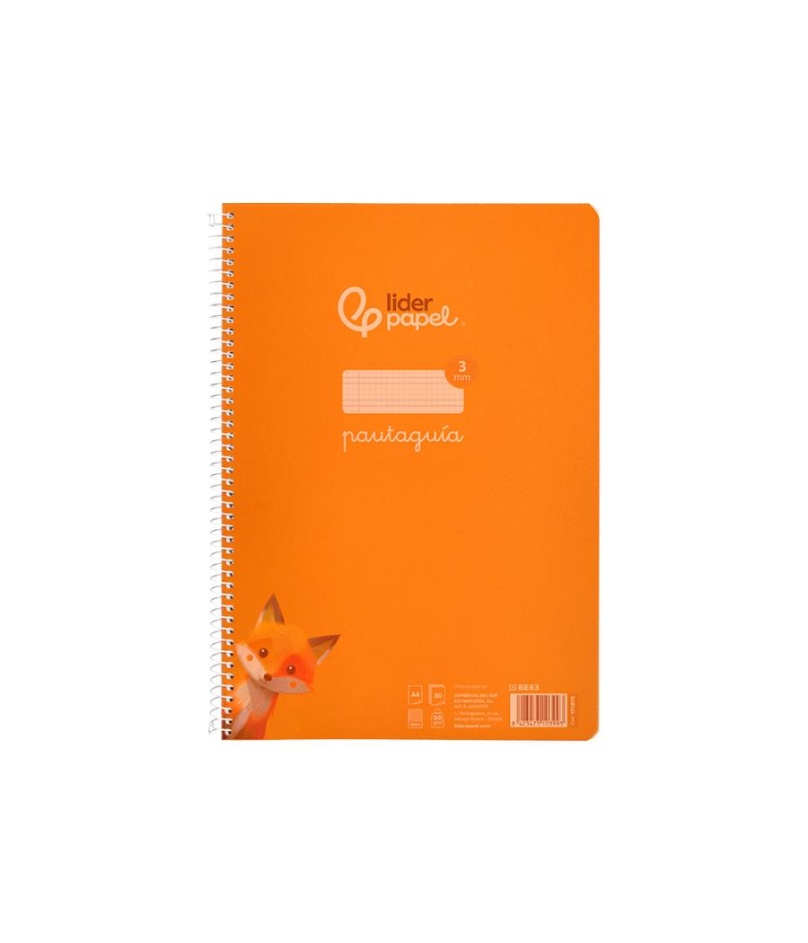 Cuaderno espiral liderpapel din a4 pautaguia tapa plástico80h 90gr cuadro pautado 3mm con margen color naranja