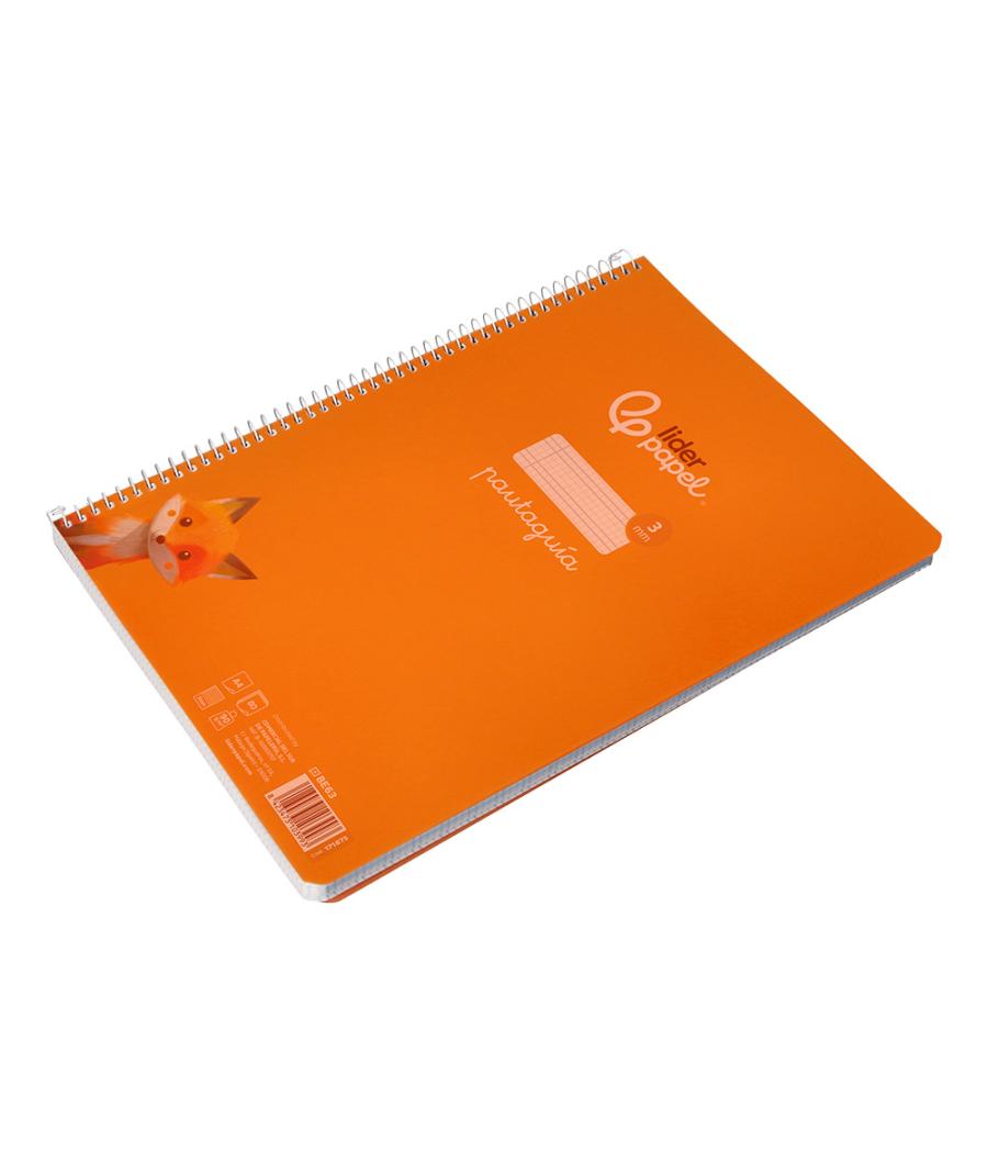 Cuaderno espiral liderpapel din a4 pautaguia tapa plástico80h 90gr cuadro pautado 3mm con margen color naranja