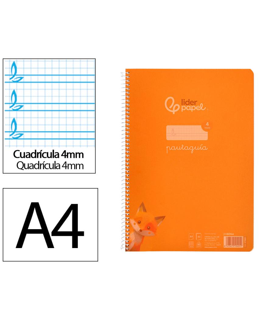 Cuaderno espiral liderpapel din a4 pautaguia tapa plástico80h 90gr cuadro pautado 4mm con margen color naranja