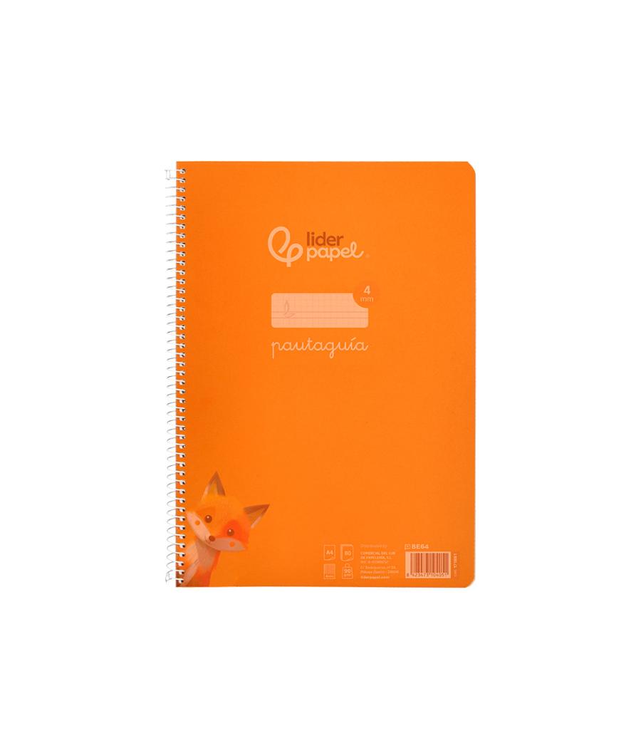 Cuaderno espiral liderpapel din a4 pautaguia tapa plástico80h 90gr cuadro pautado 4mm con margen color naranja