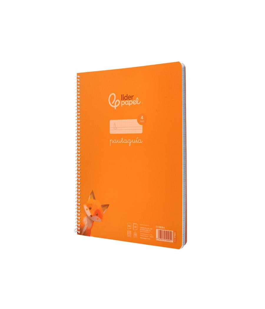 Cuaderno espiral liderpapel din a4 pautaguia tapa plástico80h 90gr cuadro pautado 4mm con margen color naranja