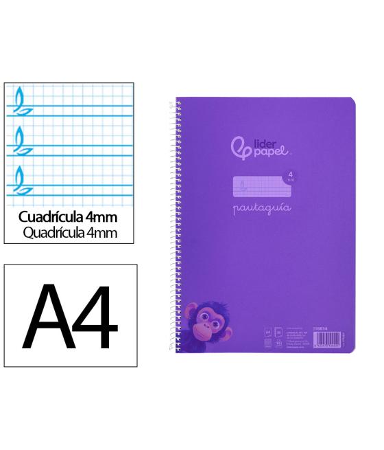 Cuaderno espiral liderpapel din a4 pautaguia tapa plástico80h 90gr cuadro pautado 4mm con margen color lila