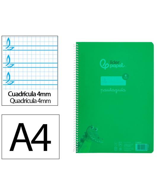 Cuaderno espiral liderpapel din a4 pautaguia tapa plástico80h 90gr cuadro pautado 4mm con margen color verde