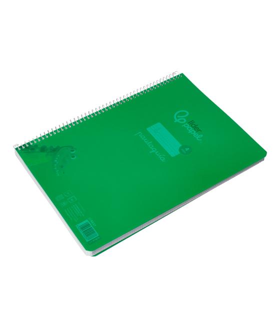 Cuaderno espiral liderpapel din a4 pautaguia tapa plástico80h 90gr cuadro pautado 4mm con margen color verde