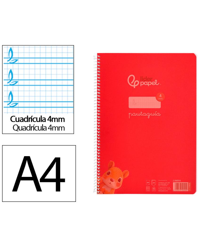 Cuaderno espiral liderpapel din a4 pautaguia tapa plástico80h 90gr cuadro pautado 4mm con margen color rojo