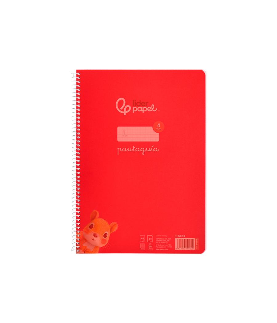 Cuaderno espiral liderpapel din a4 pautaguia tapa plástico80h 90gr cuadro pautado 4mm con margen color rojo