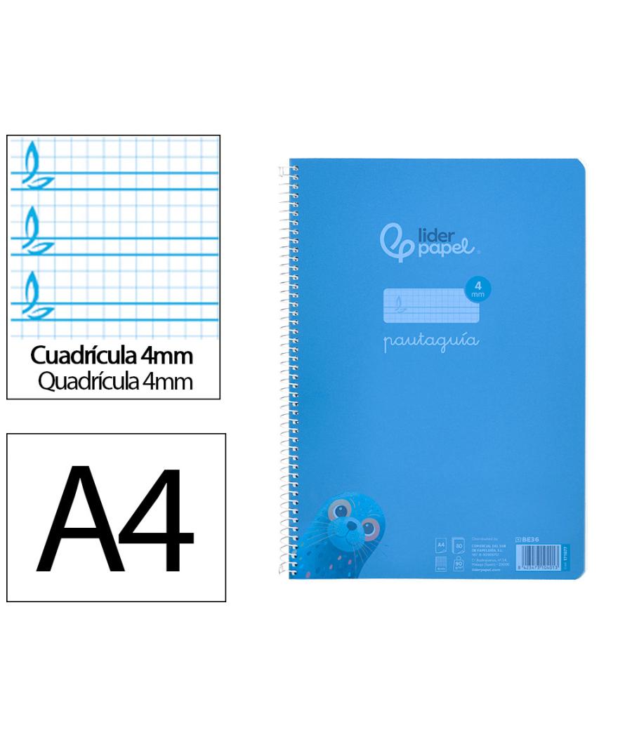 Cuaderno espiral liderpapel din a4 pautaguia tapa plástico80h 90gr cuadro pautado 4mm con margen color azul