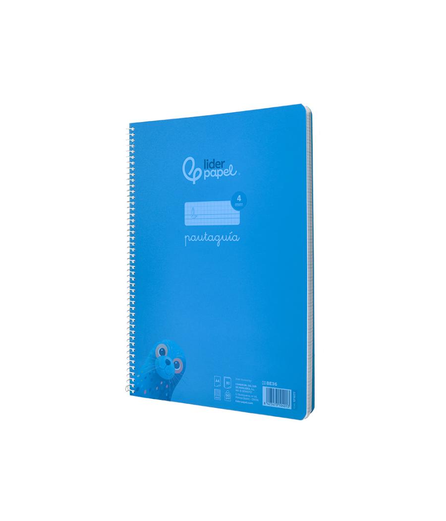 Cuaderno espiral liderpapel din a4 pautaguia tapa plástico80h 90gr cuadro pautado 4mm con margen color azul