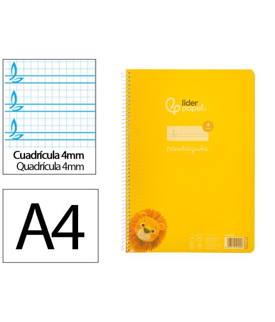 Cuaderno espiral liderpapel din a4 pautaguia tapa plástico80h 90gr cuadro pautado 4mm con margen color amarillo