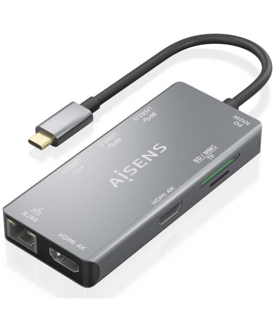 Docking usb tipo-c aisens asuc-9p018-gr/ 2xhdmi/ 3xusb/ 1xrj45/ 1xlector tarjetas/ 1xusb tipo-c pd/ gris