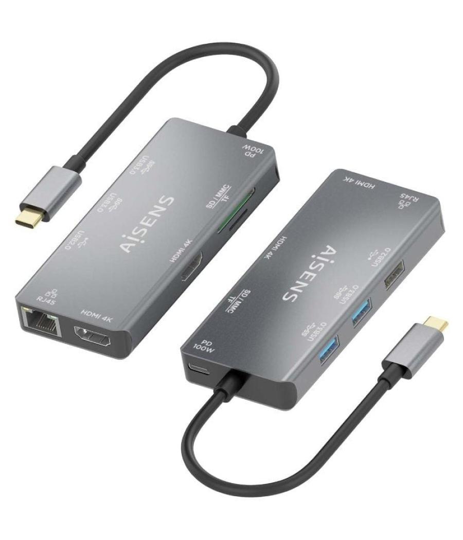 Docking usb tipo-c aisens asuc-9p018-gr/ 2xhdmi/ 3xusb/ 1xrj45/ 1xlector tarjetas/ 1xusb tipo-c pd/ gris