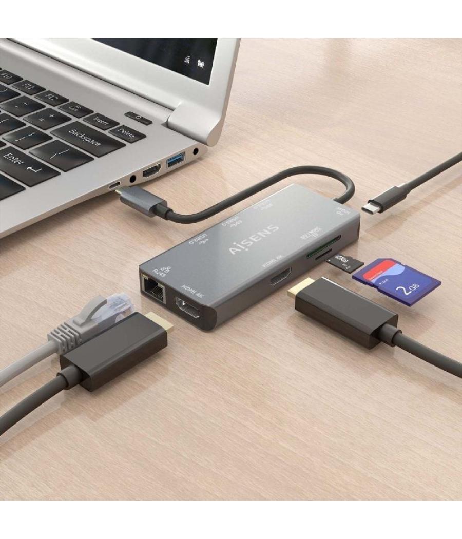 Docking usb tipo-c aisens asuc-9p018-gr/ 2xhdmi/ 3xusb/ 1xrj45/ 1xlector tarjetas/ 1xusb tipo-c pd/ gris