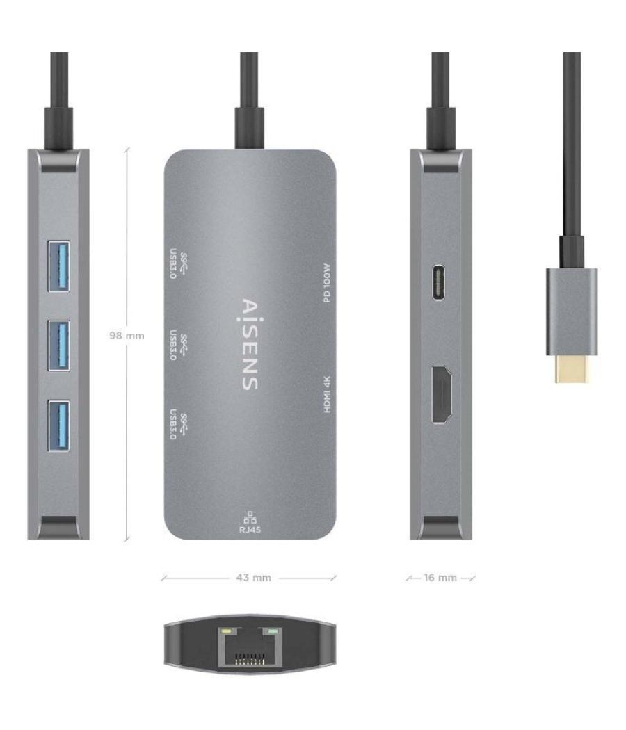 Docking usb tipo-c aisens asuc-6p019-gr/ 1xhdmi/ 3xusb/ 1xrj45/ 1xusb tipo-c pd/ gris