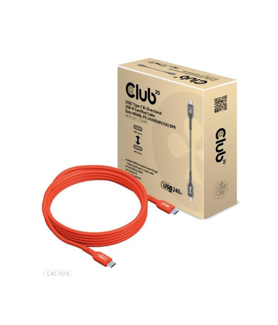 Cable carga club3d certificado usb2 tipo-c 3m