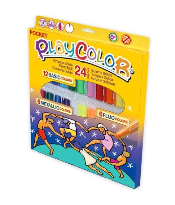 Playcolor témperas sólidas pocket en barra estuche de 24 colores basic/metallic/fluo surtidos