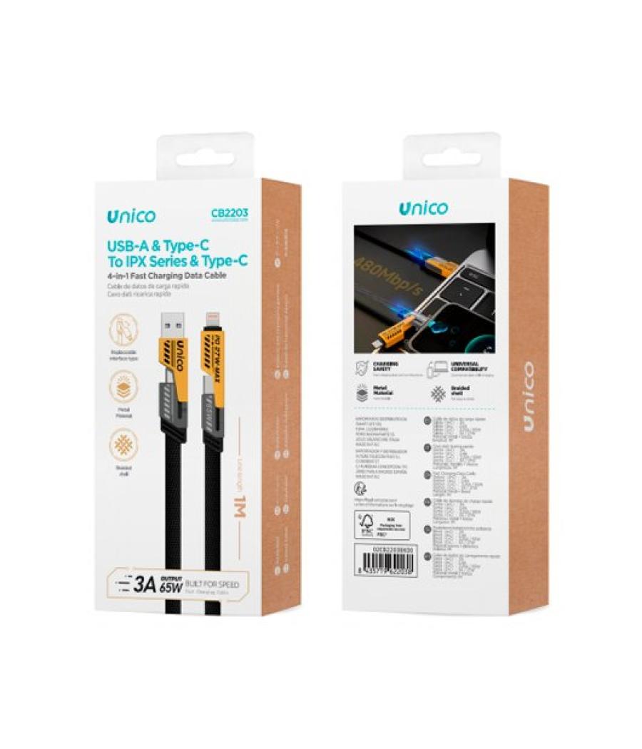 Cable uni 4en1 doble tipo c/lightning y micro