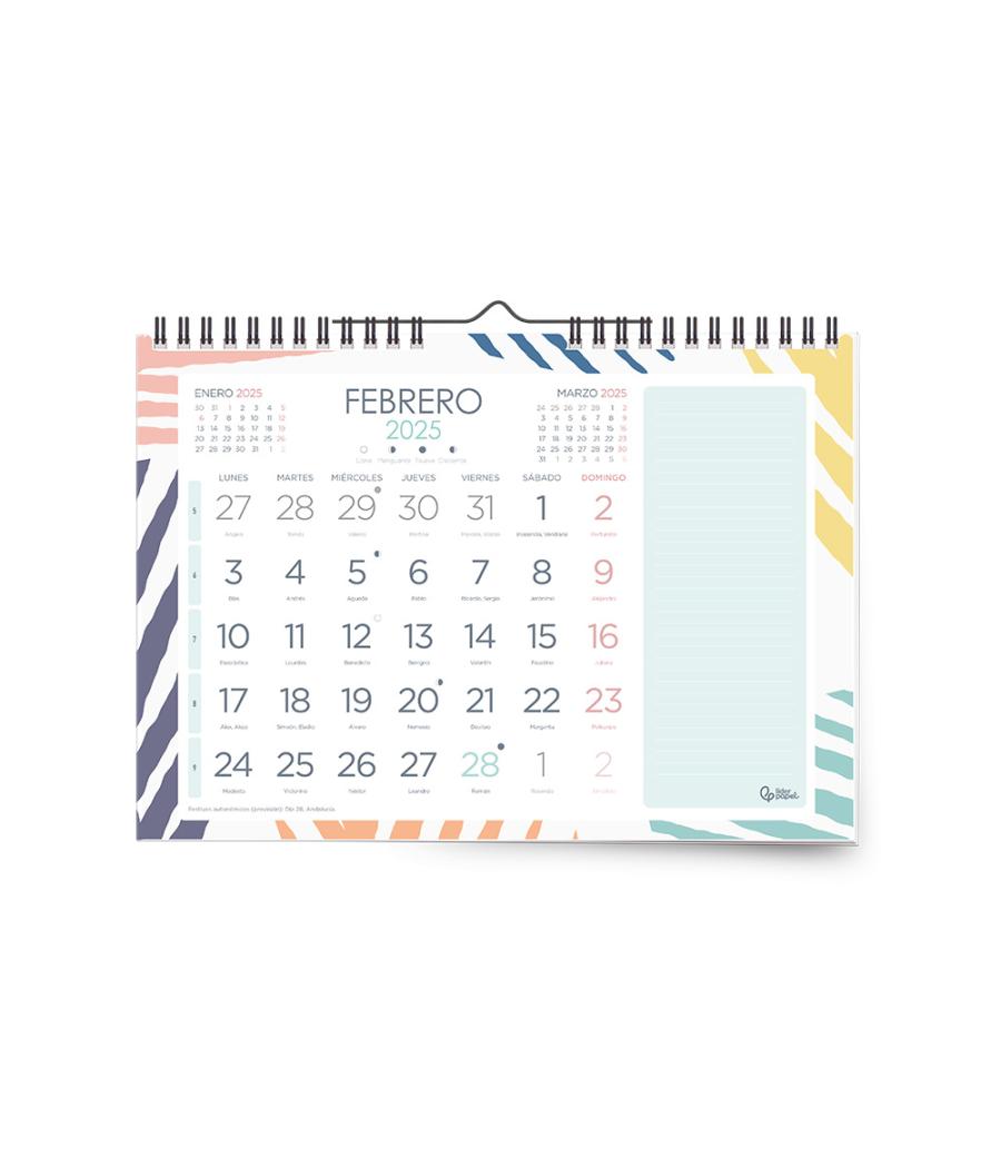 Calendario espiral pared liderpapel joven 2025 números grandes 44x32 cm papel 128 gr con pegatinas