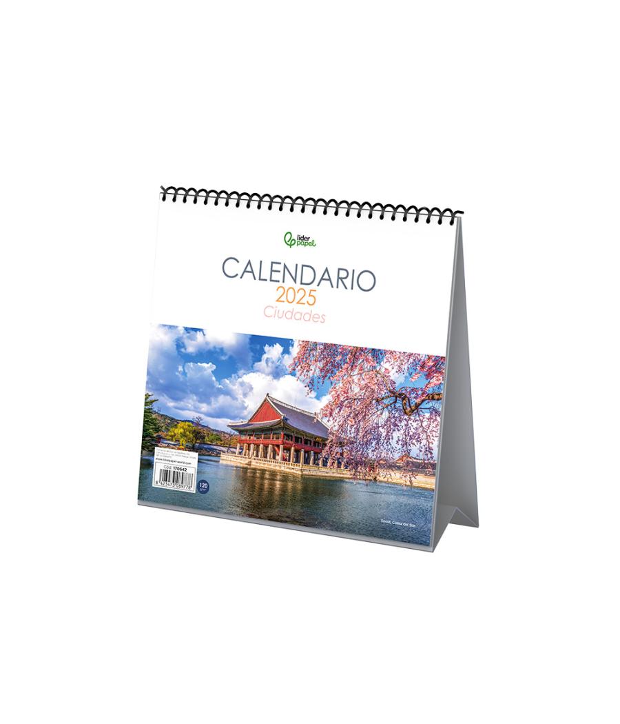 Calendario espiral triangular liderpapel de sobremesa imágenes 2025 19x19 cm papel 128 gr con pegatinas