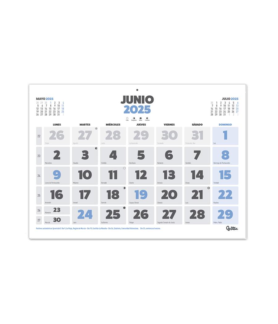 Calendario pared liderpapel clasico 2025 lomo engomado 60x40 cm papel 105 gr