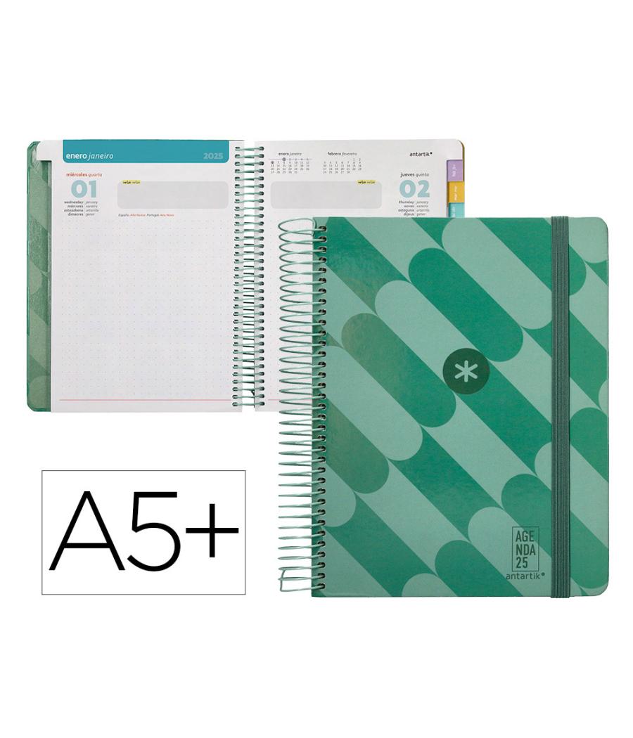 Agenda espiral antartik pattern a5+ 2025 dia pagina color verde papel 80 gr