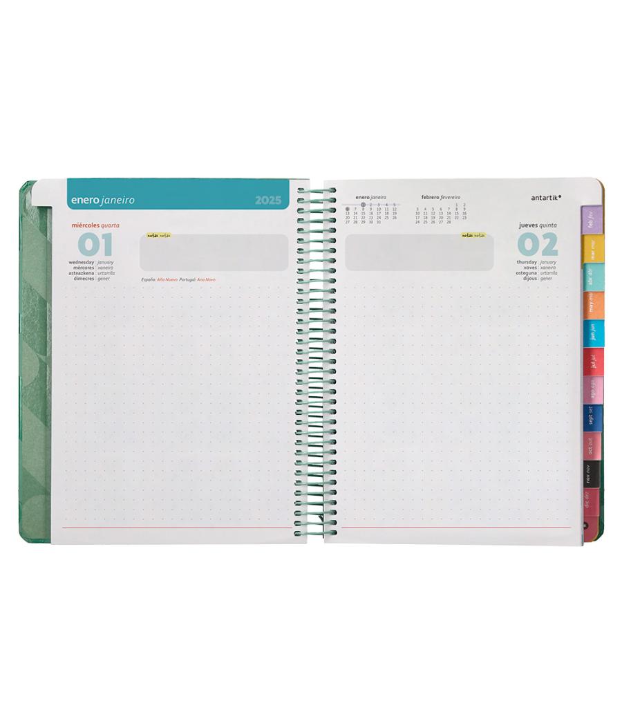 Agenda espiral antartik pattern a5+ 2025 dia pagina color verde papel 80 gr