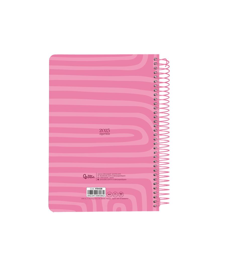 Agenda espiral liderpapel syros a5 2025 día página colorrosa papel 60 gr catalán