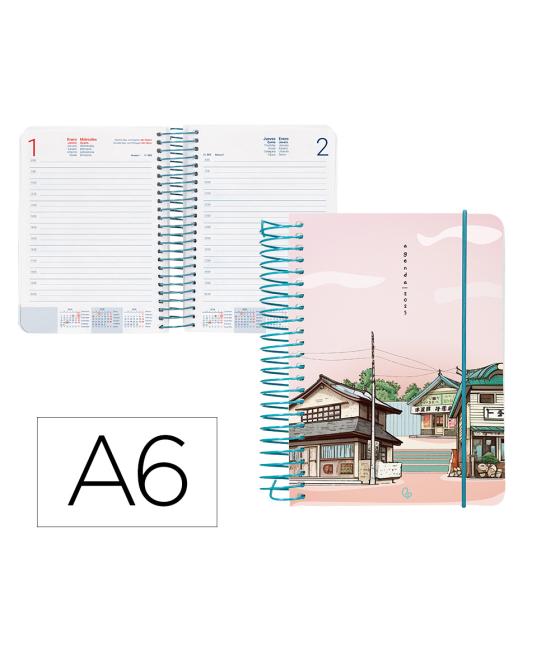 Agenda espiral liderpapel santorini a6 2025 día página atardecer rosa papel 60 gr