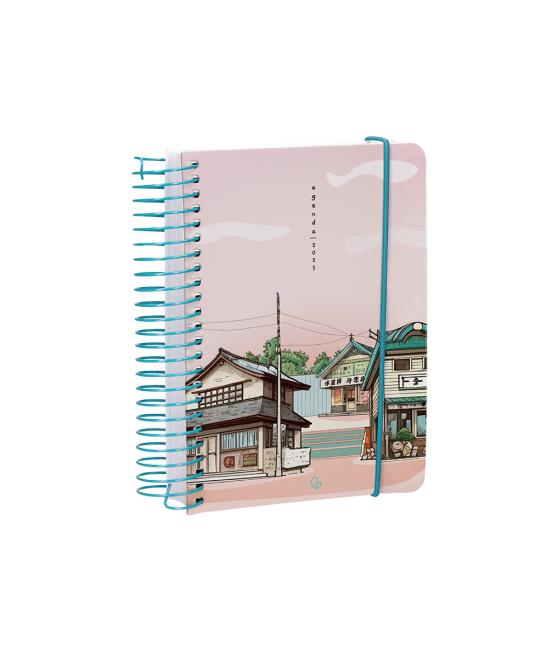 Agenda espiral liderpapel santorini a6 2025 día página atardecer rosa papel 60 gr