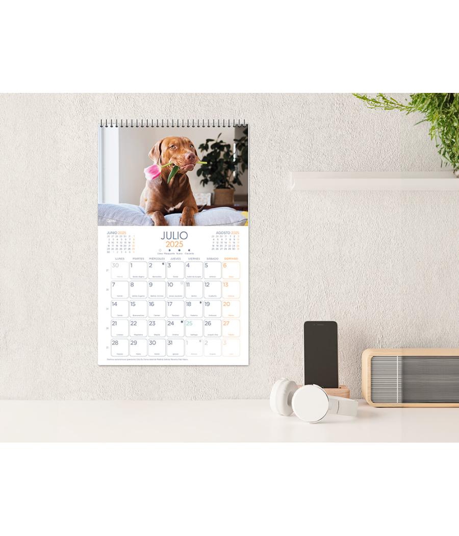 Calendario espiral pared liderpapel imágenes perros 2025 para escribir 25x40 cm papel 157 gr