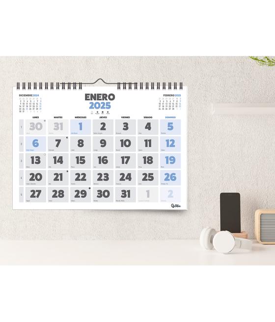 Calendario espiral pared liderpapel clasico 2025 números grandes 44x32 cm papel 128 gr