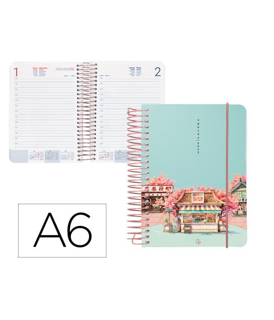 Agenda espiral liderpapel santorini a6 2025 día página cherry blossoms papel 60 gr