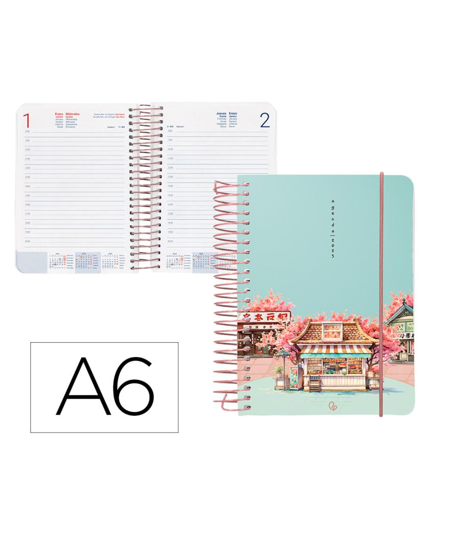 Agenda espiral liderpapel santorini a6 2025 día página cherry blossoms papel 60 gr