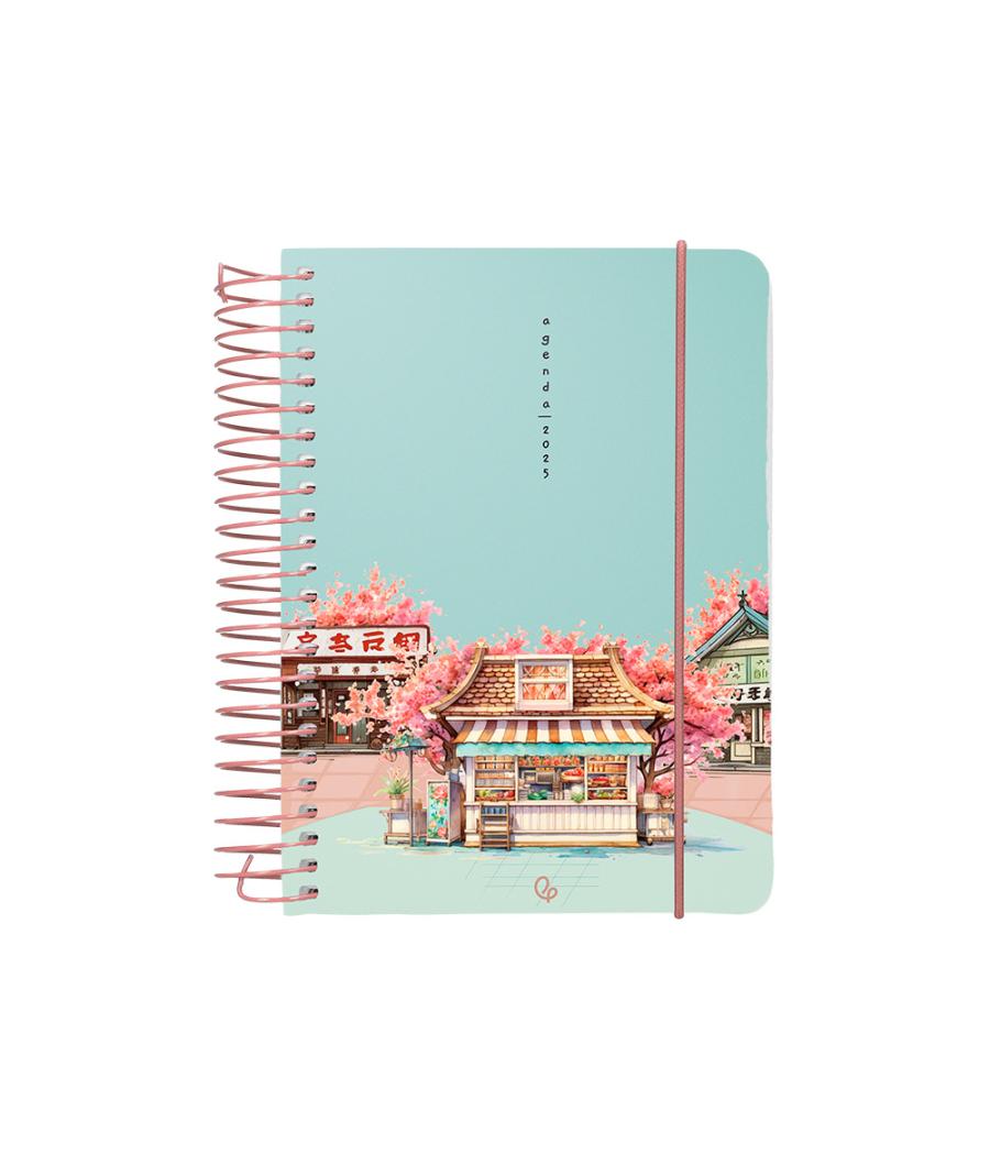 Agenda espiral liderpapel santorini a6 2025 día página cherry blossoms papel 60 gr