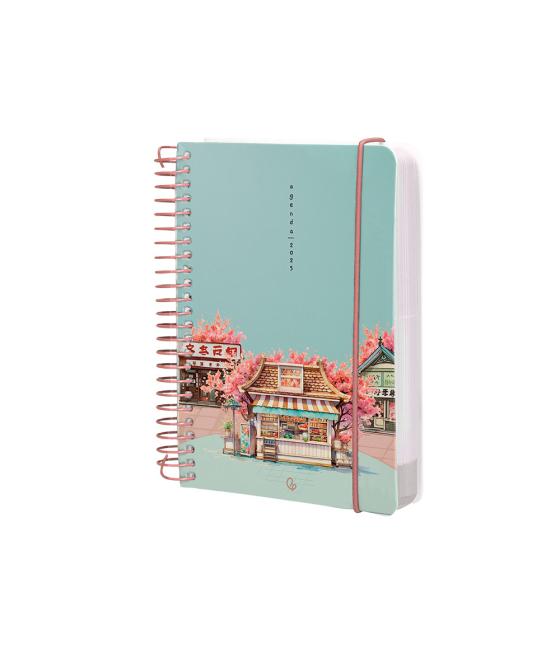 Agenda espiral liderpapel santorini a6 2025 día página cherry blossoms papel 60 gr