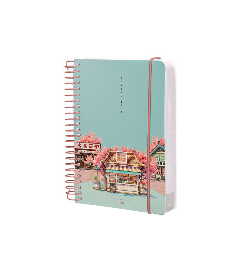 Agenda espiral liderpapel santorini a6 2025 día página cherry blossoms papel 60 gr