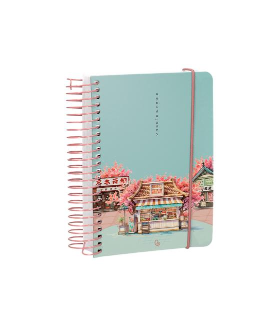 Agenda espiral liderpapel santorini a6 2025 día página cherry blossoms papel 60 gr