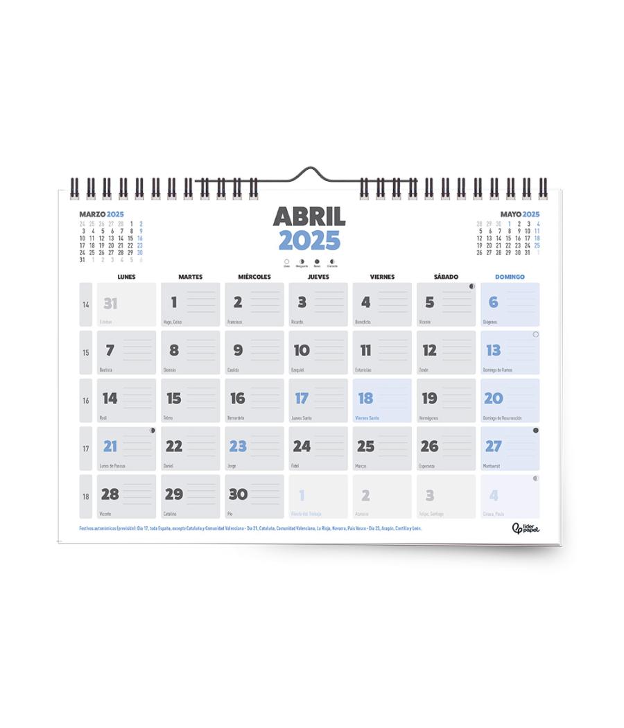 Calendario pared liderpapel clasico 2025 espiral 44x32 cm papel 128 gr