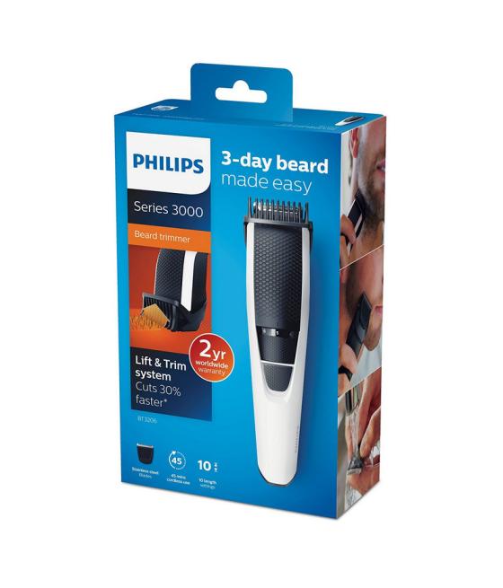 Cortapelos philips beardtrimmer bt3206 - 14 blanco 10 ajust. 1mm - recorta barba - cabezal lavable - 45min