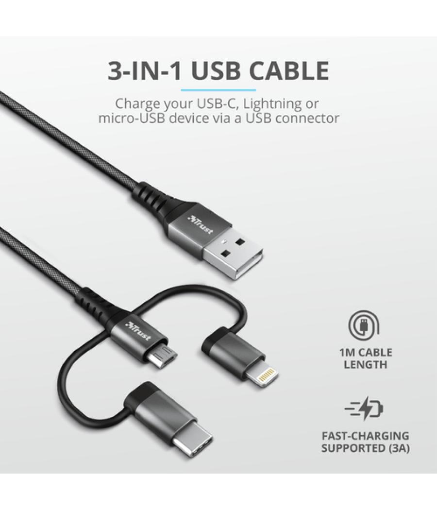 Trust 23572 cable USB 1 m USB 2.0 USB A USB C/Micro-USB B/Lightning Negro