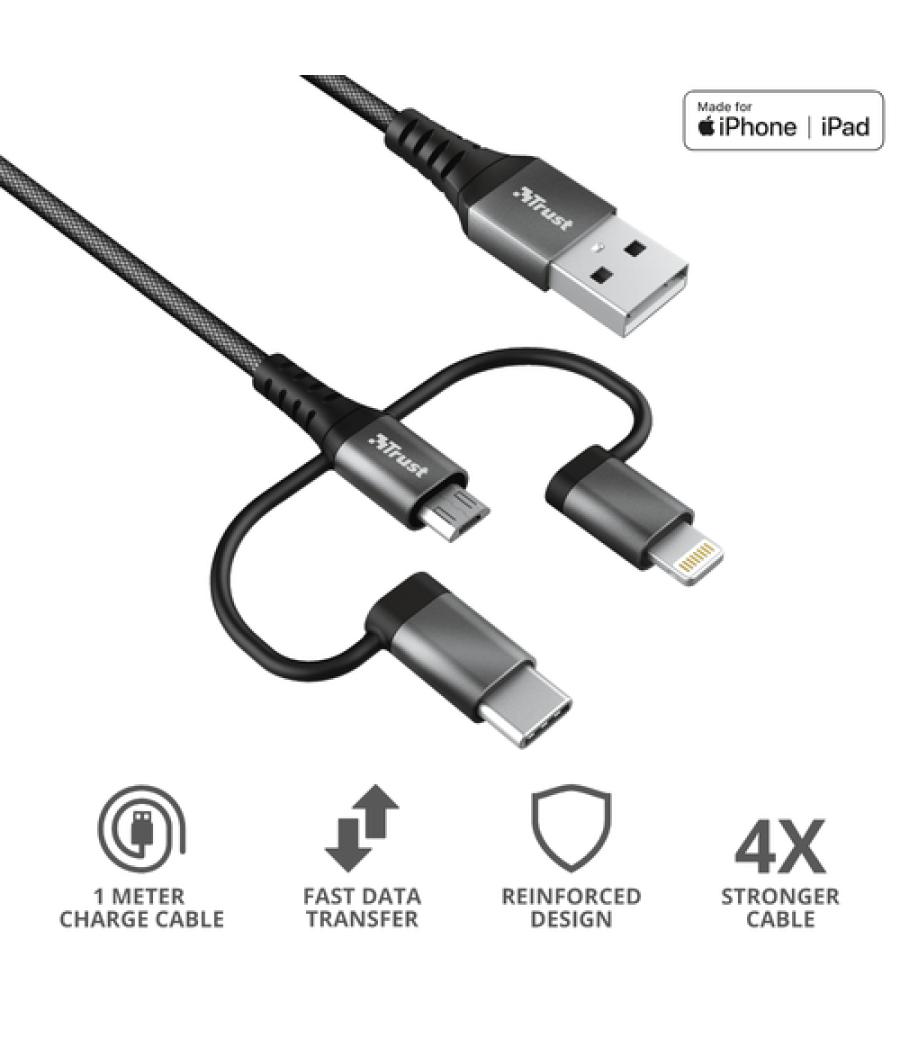 Trust 23572 cable USB 1 m USB 2.0 USB A USB C/Micro-USB B/Lightning Negro