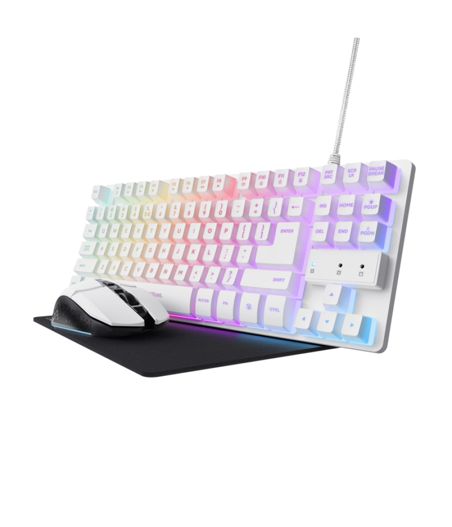 Kit gaming gxt 794w teclado wired + raton wireless + alfombrilla blanco trust