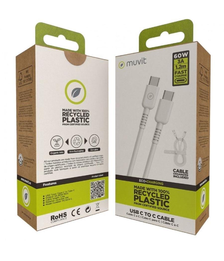 Cable usb 2.0 tipo-c muvit for change mcusc0008/ usb tipo-c macho - usb tipo-c/ hasta 60w/ 1.2m/ blanco