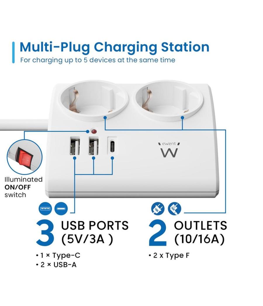 Regleta ewent 2 tomas shucko 2 puertos usb tipo a 1 puerto usb tipo c interruptor blanco